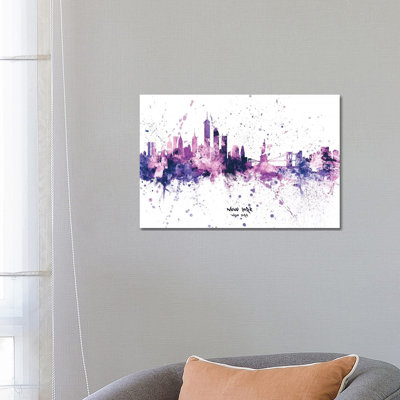 New York Skyline Splash Purple by Michael Tompsett - 1 Piece Wrapped Canvas Wall Art