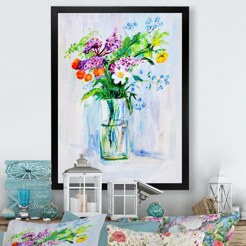 Bouquet de fleurs d'été - peinture, Cadre photo noir, H 20 po x l 12 po