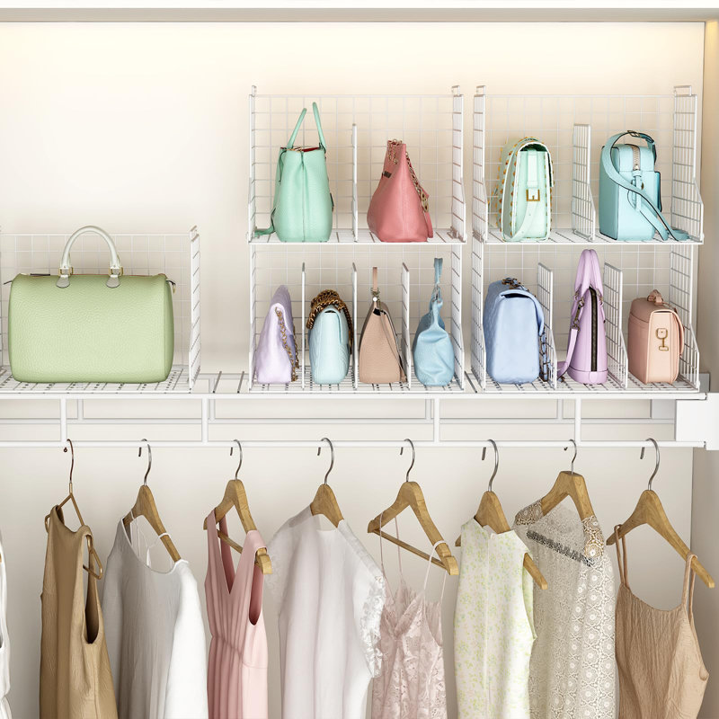 Purse Storage Organizer For Closet : Adjustable 2-Pack Dividers Handbag Organizer - Stackable Wire Handbags Storage Baskets -Open Cabinets Wallets Tote Chain Bags Clutches -White