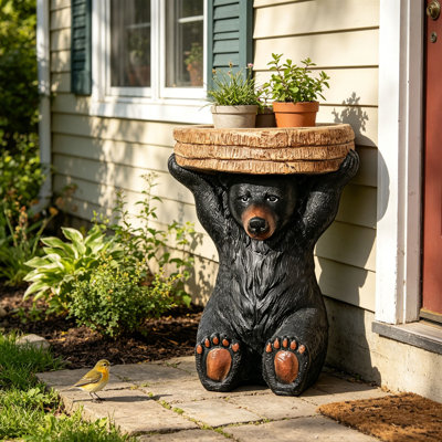 Table d'appoint décorative | Statue fantaisiste d'ours noir rustique | 20,8 po de hauteur pour le patio extérieur intérieur | Noir | Ciment béton