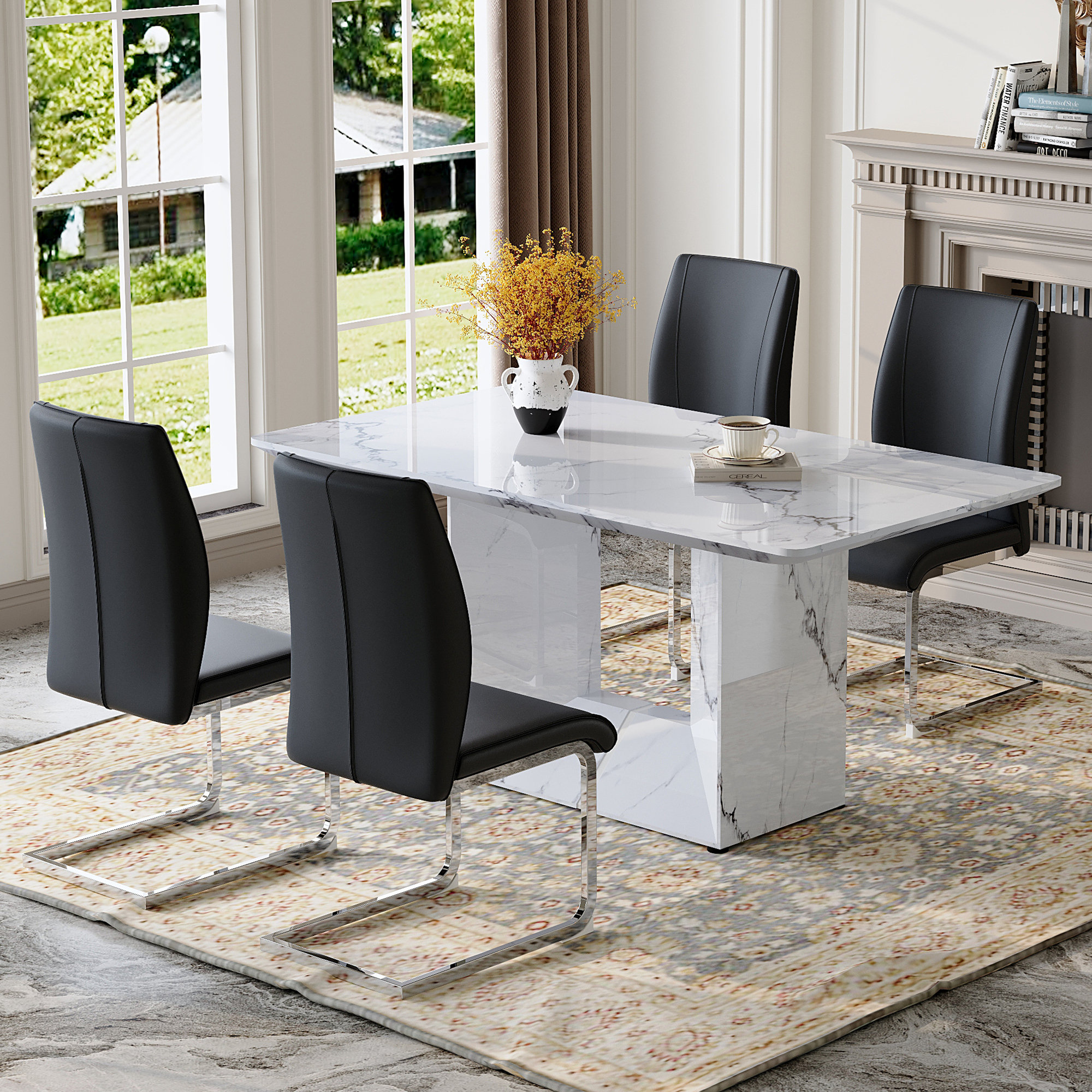 Brayden Studio "x35.4" white marble-patterned mdf dining table with 4 ...