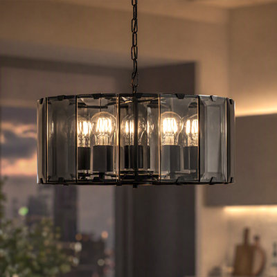 19" 5-Light Matte Black Smoked Flat Panel Glass Drum Chandelier