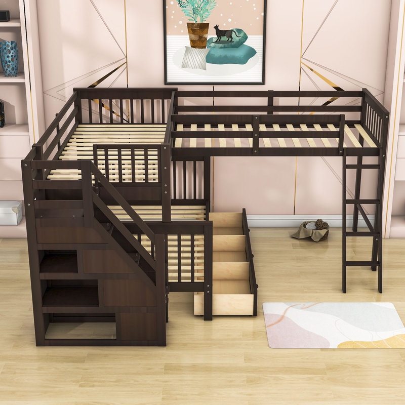 Hoople Twin over Full L-Shaped Wood Bunk Bed With 3 Drawers, Ladder and Stair, Espresso