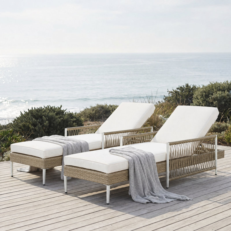 Ensemble de 2 chaises longues d'extérieur en rotin PE toutes saisons avec inclinable réglable à 6 vitesses, accoudoirs et coussin