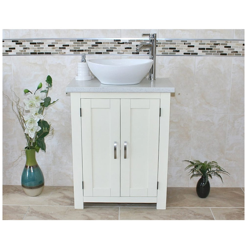 Rodarte 650mm Single Bathroom Vanity with Vessel Ceramic Basin, White Quartz, White