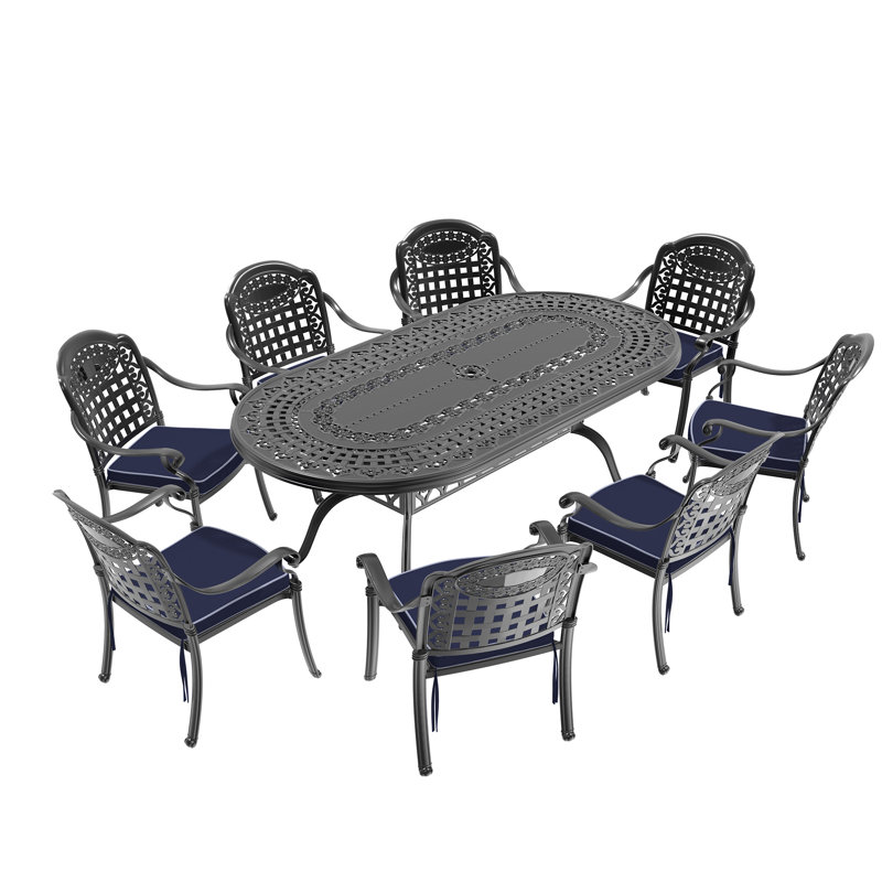 Ensemble de 9 meubles de patio en aluminium coulé avec coussins bleus 9 pièces