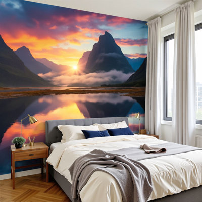 Papier peint adhésif pelez et collez Majestic Mountain Sunrise Lake Dramatic Sky Peaceful Landscape Murals H 100 "x l 144" Papier amovible en PVC auto-adhésif pour chambre à coucher, salon, bureau à domicile
