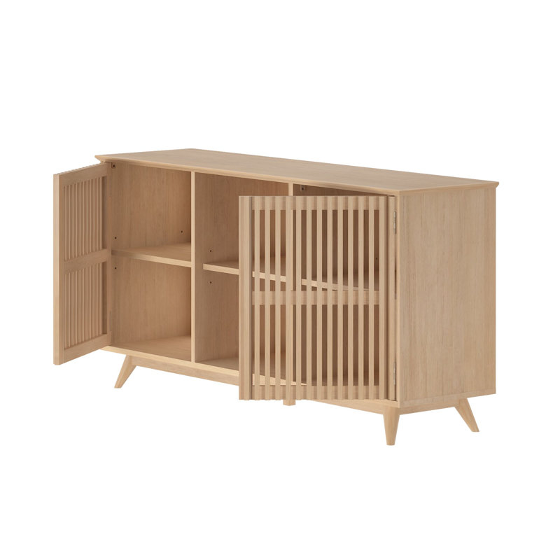 Meuble télé / meuble télé 59 po avec portes lattes Mid-Century, Blond