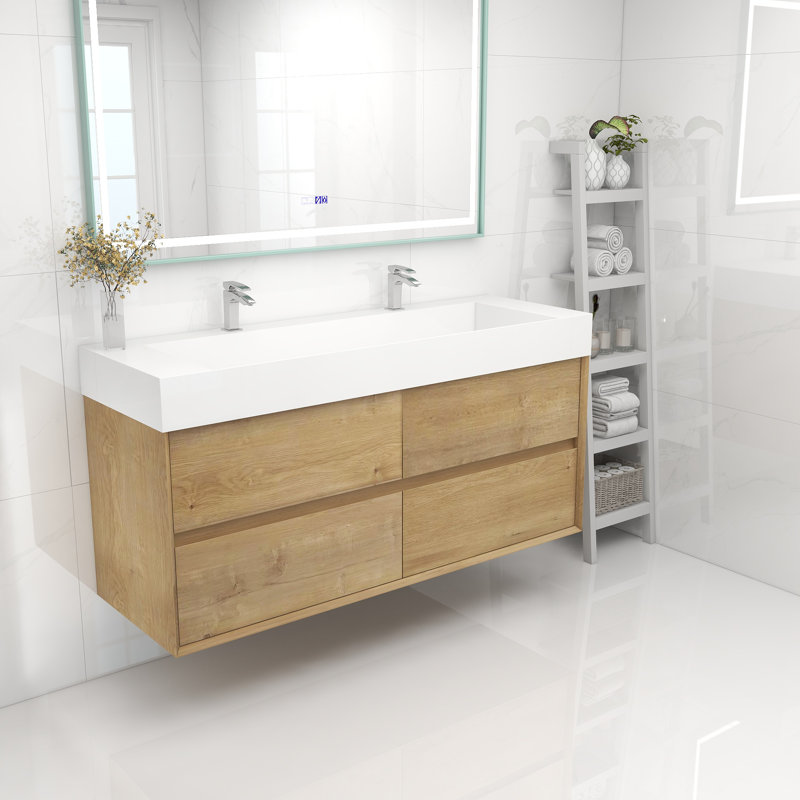 60" Wall Mounted Double Bathroom Vanity, Oak