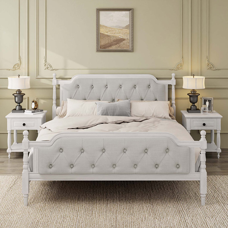 Structure de lit en bois massif de style traditionnel avec tête de lit capitonnée et sans sommier tapissier, Blanc antique