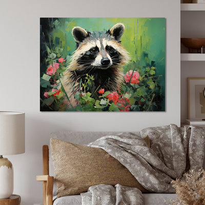 Black And Green Raccoon Flower  I - Raccoon Animal Metal Wall Art