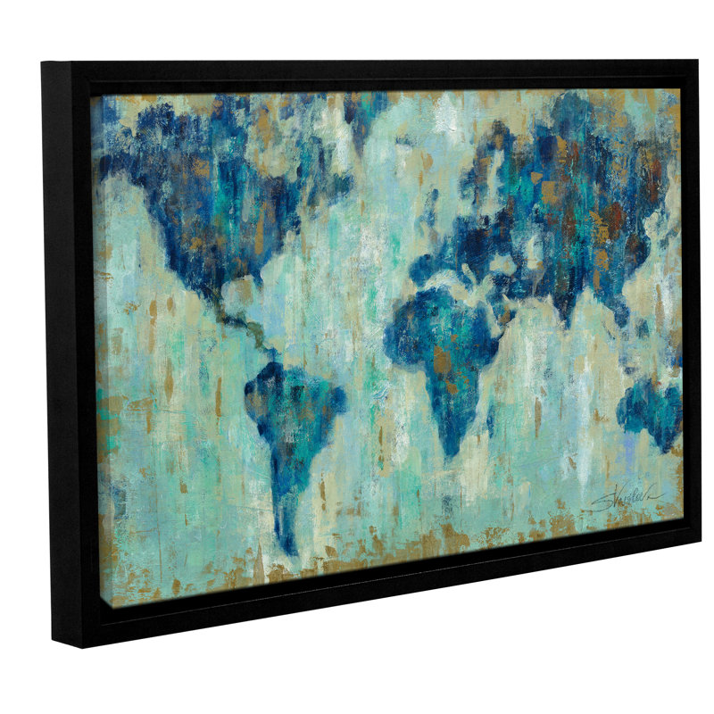 " Map Of The World ", 16" H x 24" W x 2" D, Black Framed