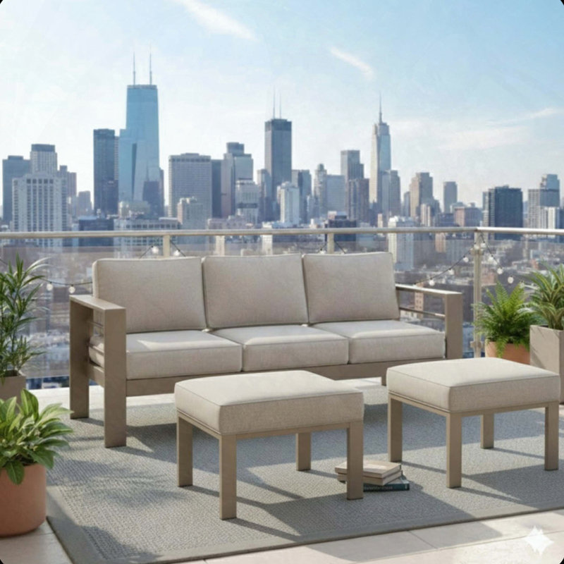 Set of 2 All-Weather Metal Ottomans with Beige Cushions (Khaki Frame), Beige Cushion/Khaki Frame