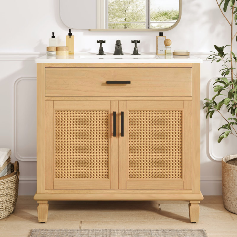Rattan Bathroom Vanity with Ceramic Sink, Handwoven Doors, and Spacious Storage for Modern Elegance, Brown