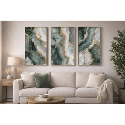 Jade Veining - 32" x 24" - Hand-Embellished Canvas w/Rocks & Foil in Frame