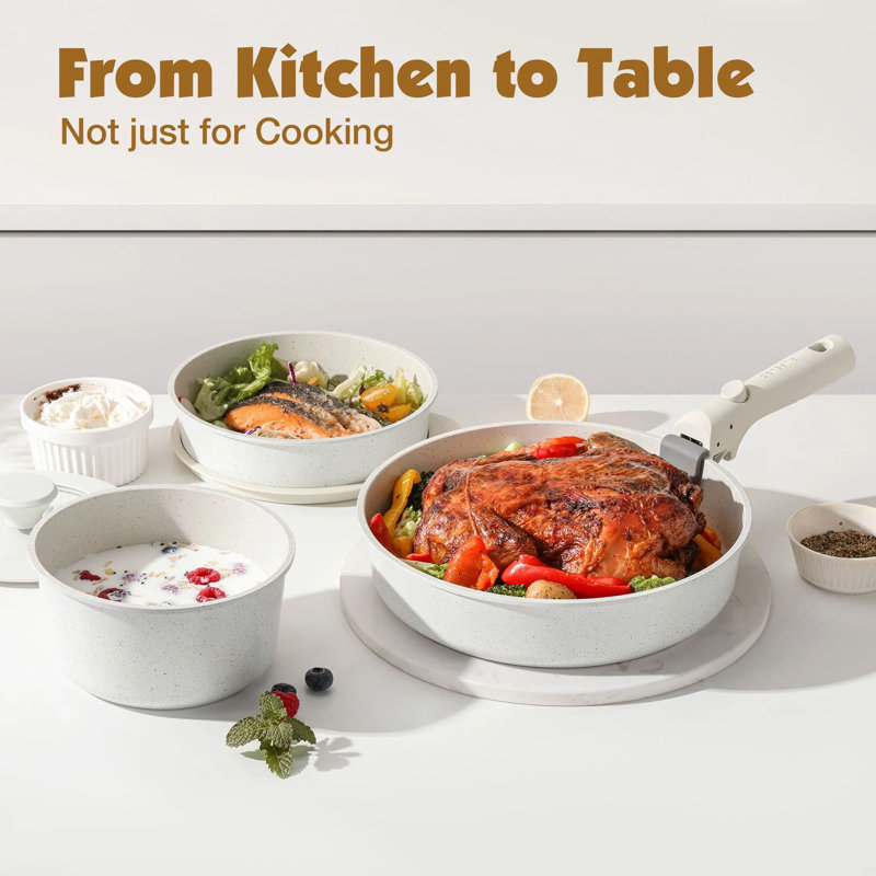 14-Piece White Non-Stick Aluminum Cookware Set with Removable Handles