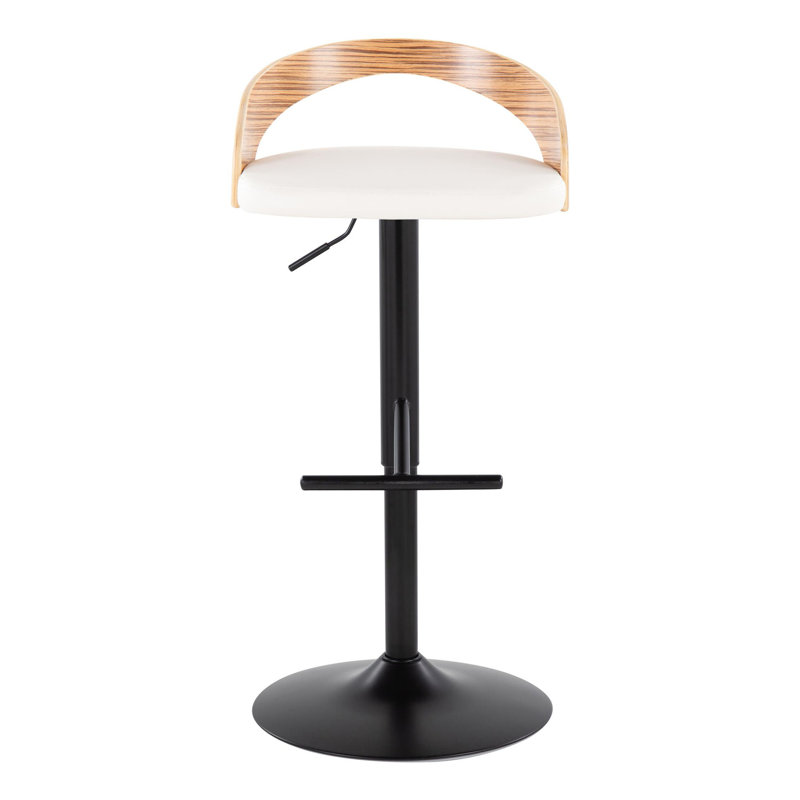 White Adjustable Swivel Bar Stool with Zebra Wood Back