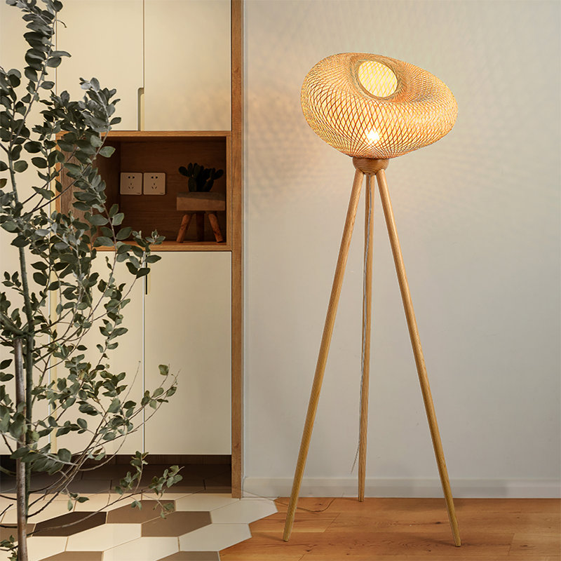 Japanese-style bamboo-woven solid wood floor lamp