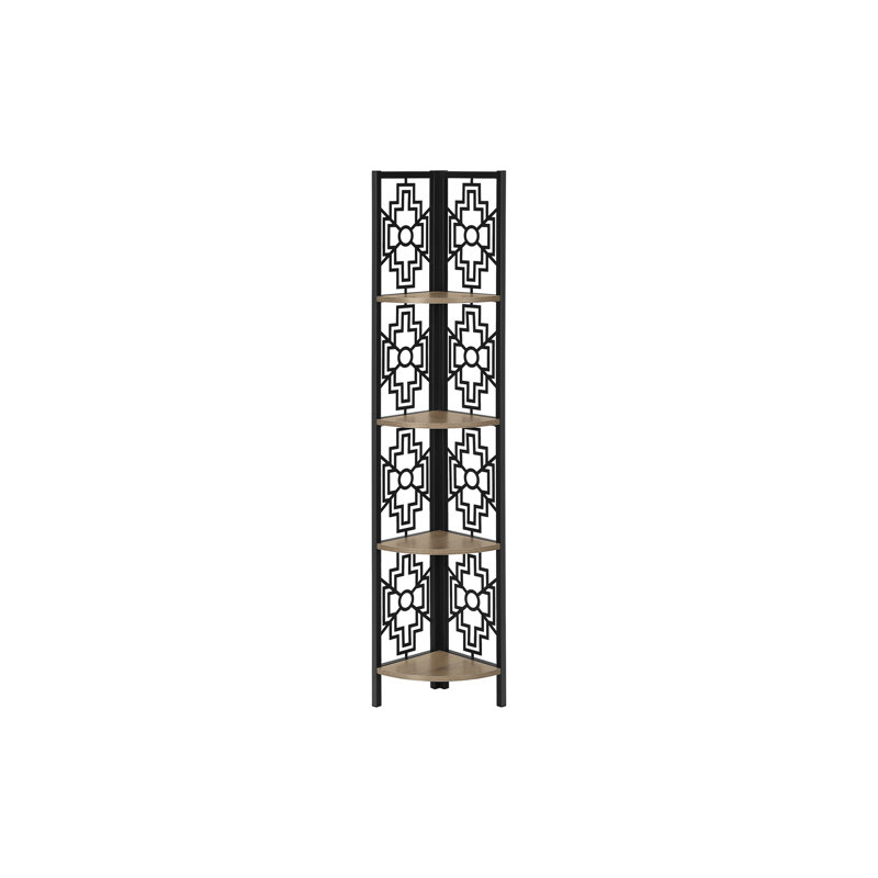 Étagère d'angle à 4 niveaux avec structure en métal noir et tablettes en stratifié brun, parfaite pour économiser de l'espace au bureau ou dans la chambre à coucher