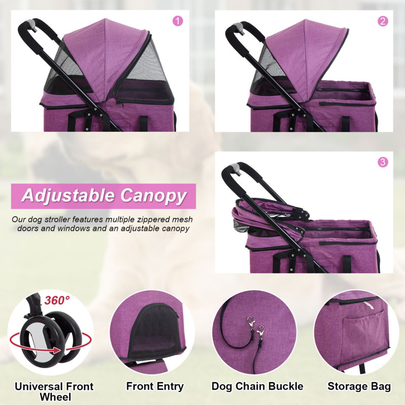 Purple 3-in-1 Stainless Steel Pet Stroller with Detachable Carrier