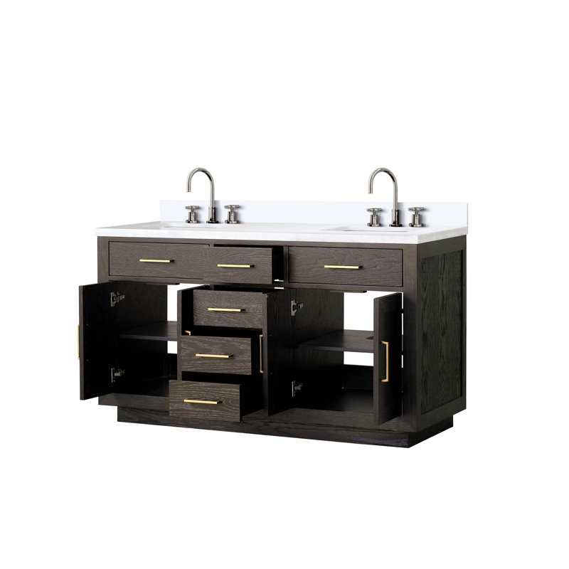 Meuble-lavabo double en chêne 60 po X P 22 po D, plateau en quartz blanc et ensemble de robinet, 60", Doré, Brun
