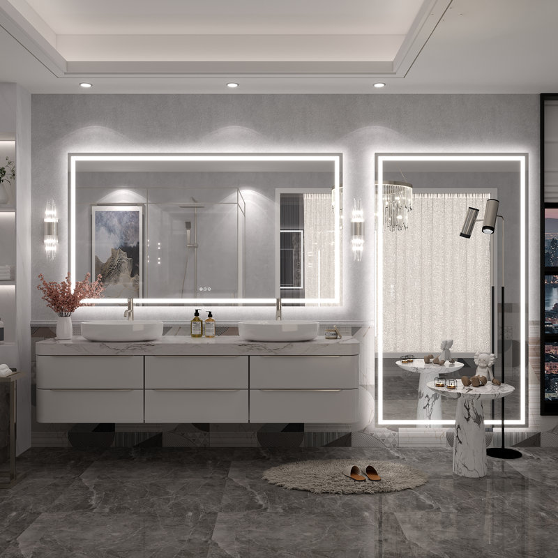 Molly Frameless LED Front Light and Backlit 3 Colors Dimmable Anti-Fog Wall Bathroom Vanity Mirror, 68" x 38", Clear