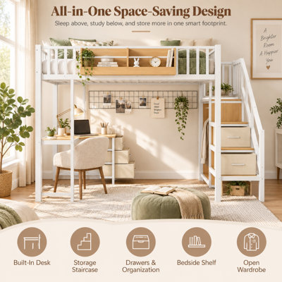 Lit mezzanine multifonctionnel en métal robuste Benedict avec bureau, escalier de rangement, tiroirs, lumière DEL et chargement USB, idéal pour les adolescents et peu encombrants.