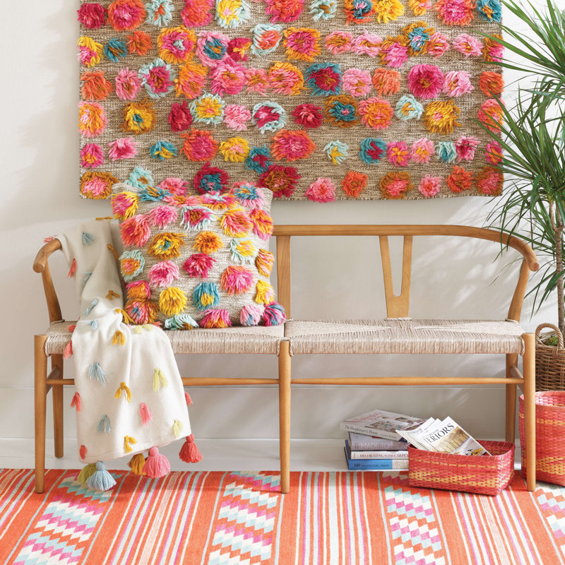 Multicolor Wool Blend Square Throw Pillow with Pom-Poms
