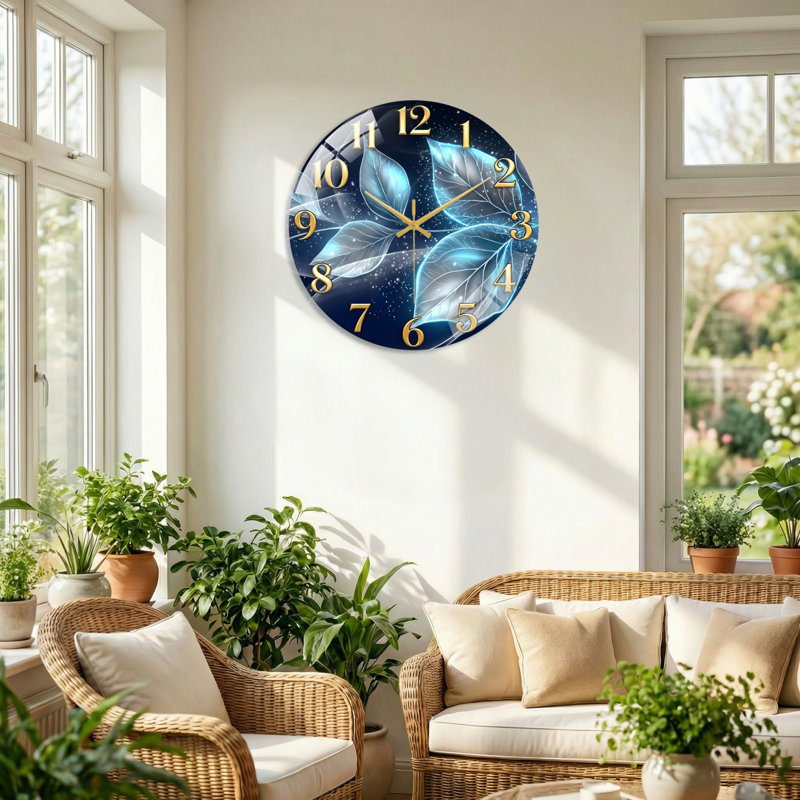 "Blue Leaves", horloge murale en verre, 60 x 60 cm (23,6 x 23,6 pouces)