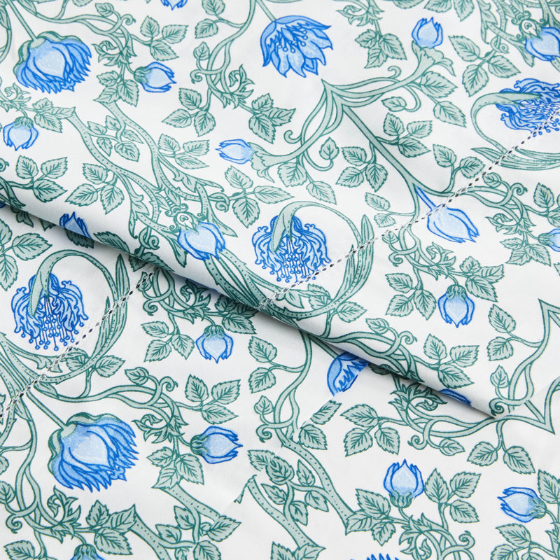Arts & Crafts Floral Sheet Set, Blue, King Sheet Set + 2 King Pillowcases