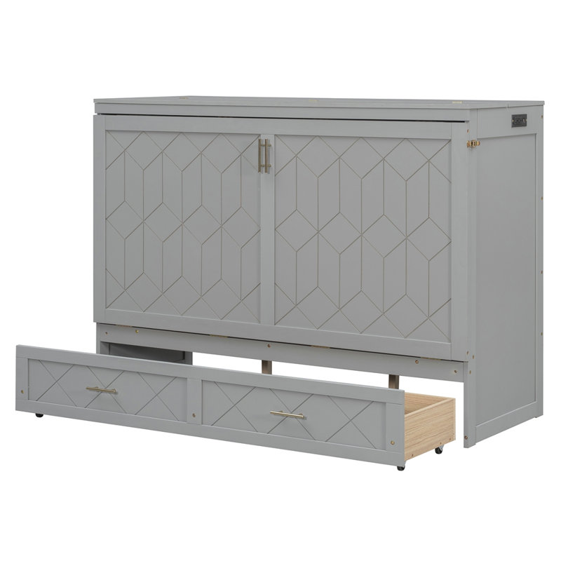 Grand lit escamotable mural avec tiroir et un ensemble de prises et de ports USB, Gris