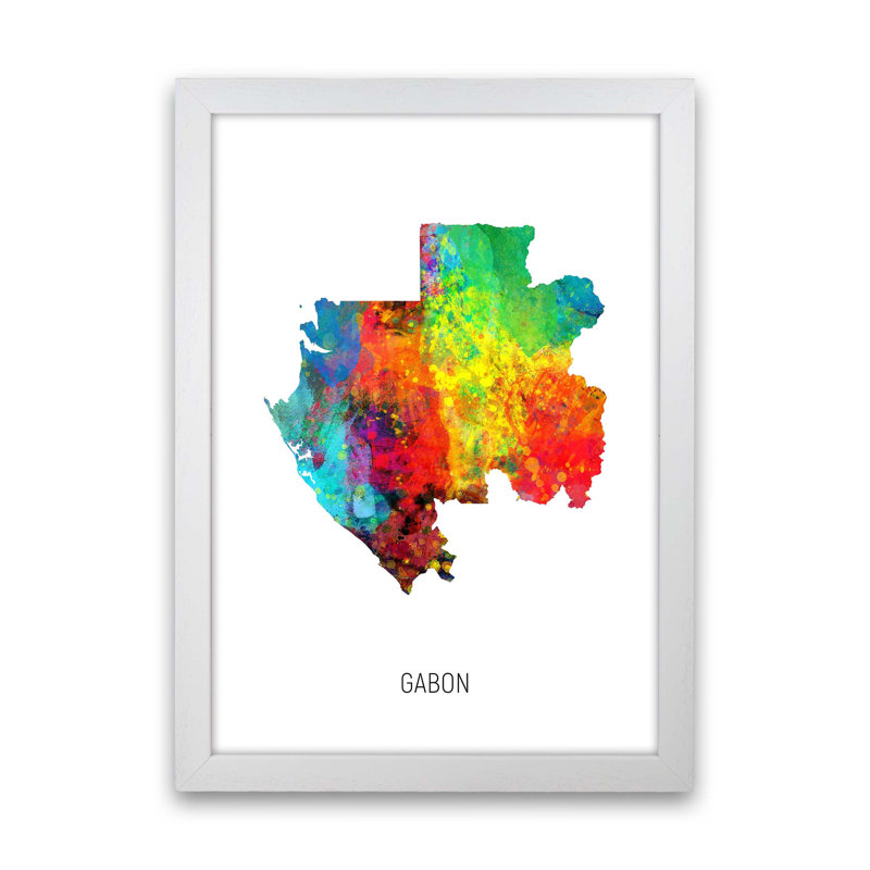 Gabon Watercolour Map by Michael Tompsett - Print, White Framed, 88cm H x 64cm W x 3cm D