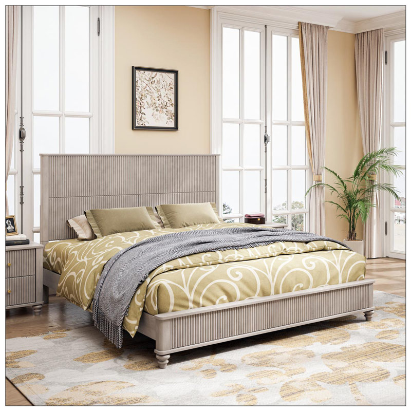 Solid Wood Bed Frame, Beige, King