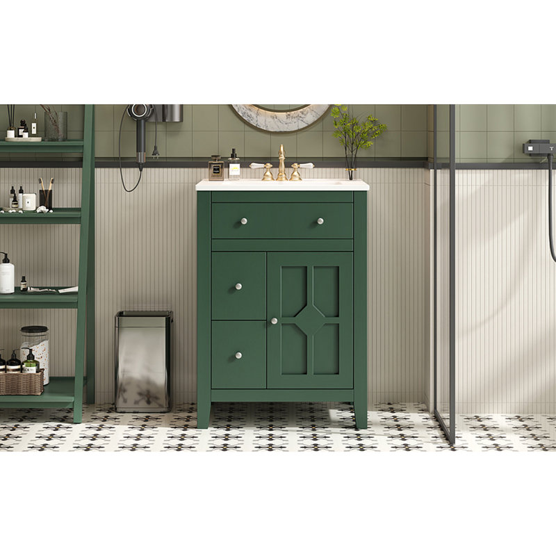 Meuble-lavabo moderne 24 po avec lavabo en céramique, meuble-lavabo pour salle de bain à 2 tiroirs, Vert