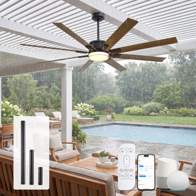 Ventilateur de plafond extérieur de 65/72 pouces avec éclairage, 8 pales en aluminium étanche, contrôle intelligent WiFi, moteur CC, télécommande, DEL à intensité variable, pour patio, porche, belvédère et espaces extérieurs
