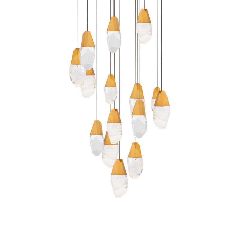 Martini 15 Light Crystal LED Multi-Light Pendant, Clear, Aged Brass