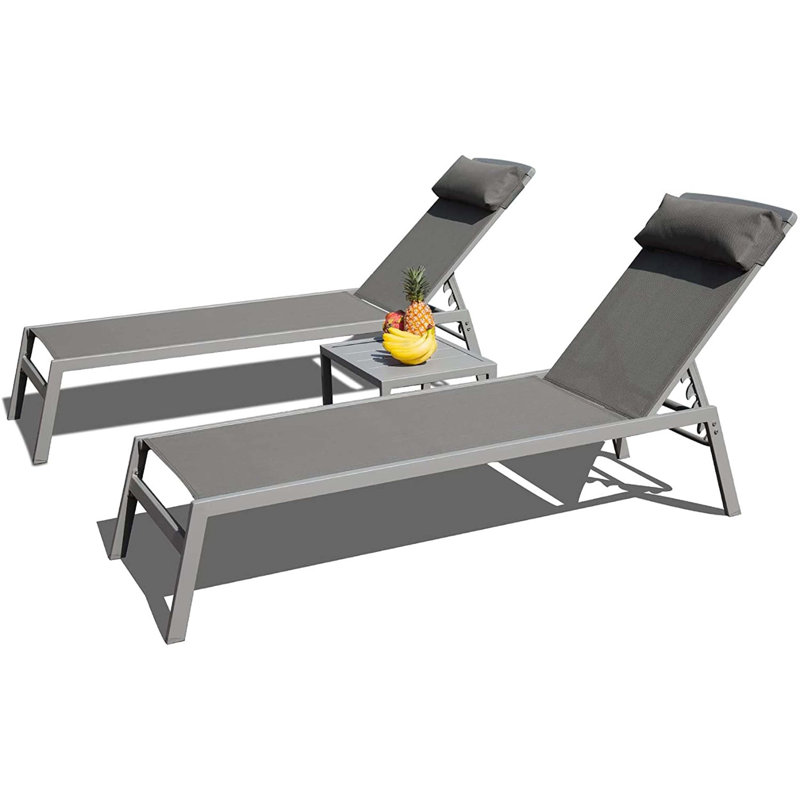 Ensemble de chaises longues de patio, fauteuils inclinables 3 pièces en aluminium avec tissu en textilène et table d'appoint pour la détente en plein air