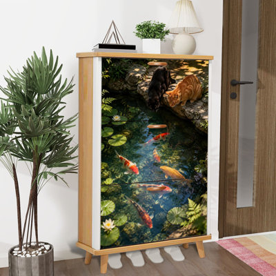 Shoe Storage Cabinet with 3 Flip Drawers for Outdoor Koi Pond Lily Pads Cats Observing Shoe Rack Storage Organizer