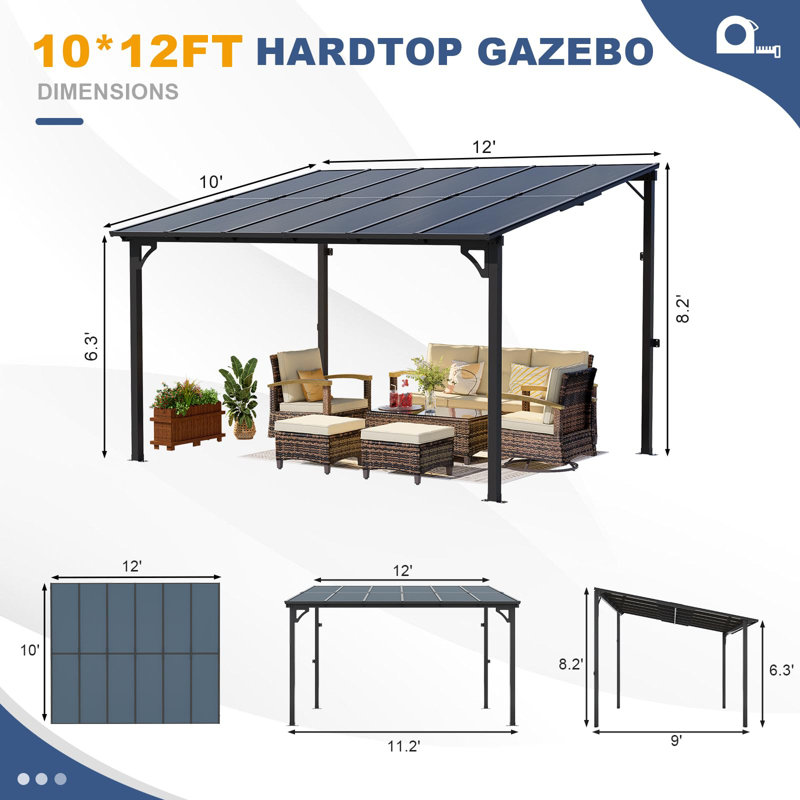 Auvent Yeangrace à fixation murale avec toit incliné et lumière solaire Yardgrace, H 98 po x l 144 po x P 120 po