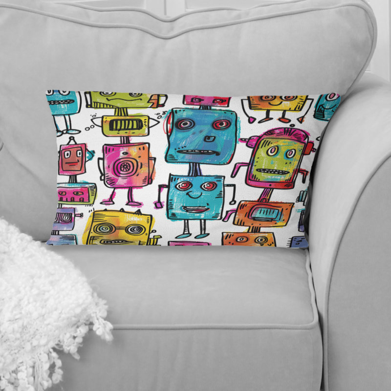 Coussin lombaire rose, amis bleus et amis robot III