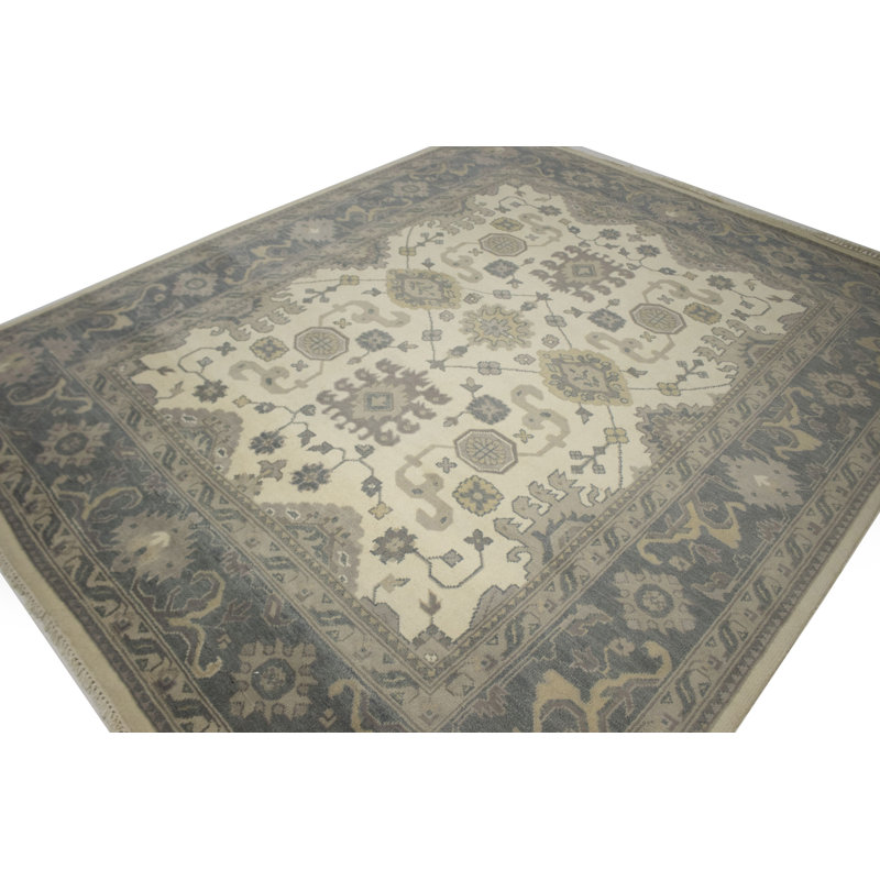 Tapis floral crème en laine noué à la main Floral