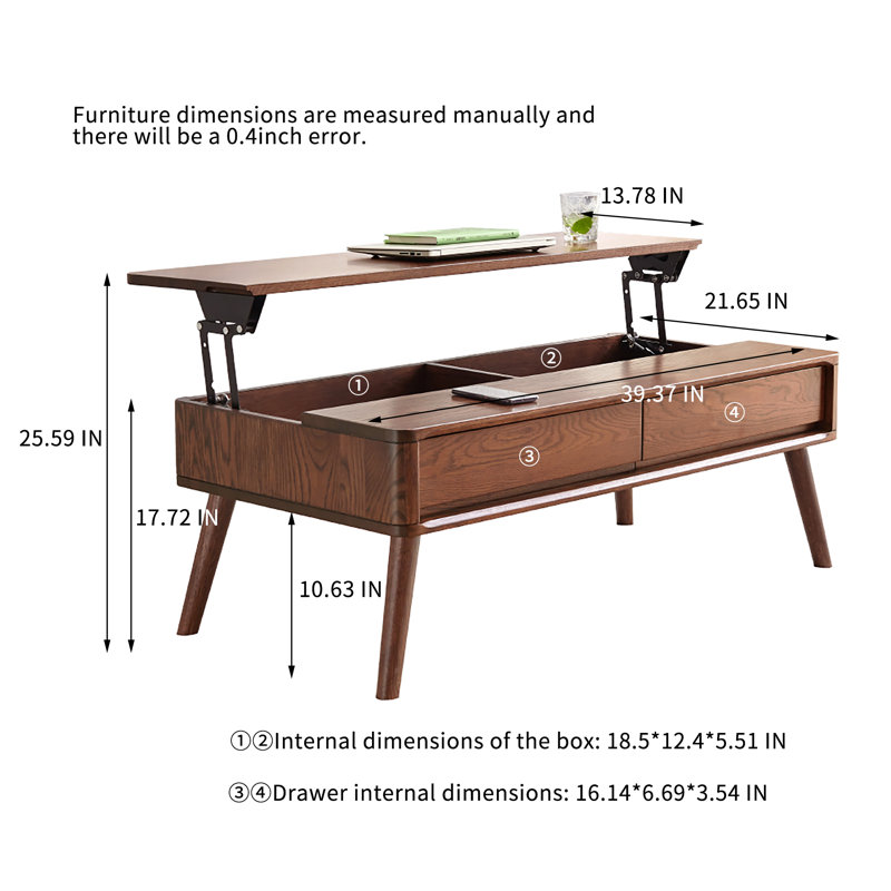 100% Solid Wood Coffee Table, Lift-Top Coffee Table, 17.79" H x 39.44" W x 23.69" D, Walnut