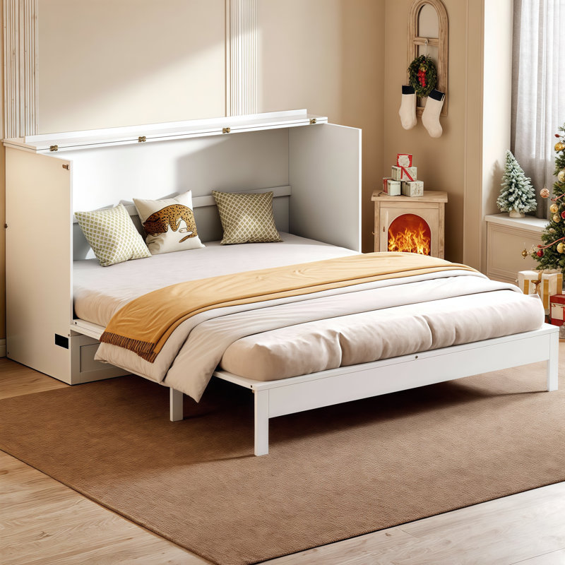 Grand lit escamotable en bois massif avec grands tiroirs, Blanc, Grand lit