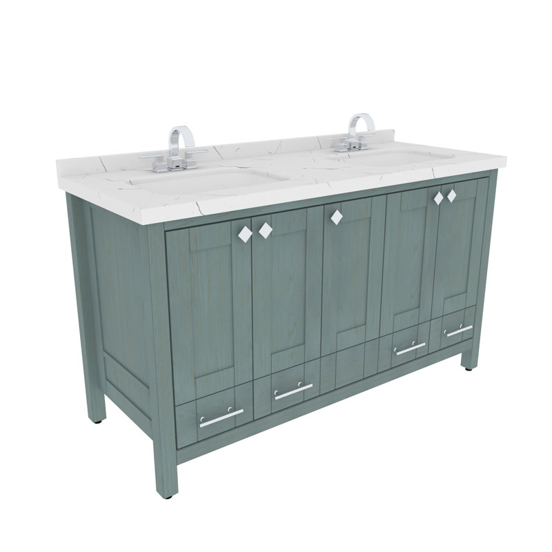 Kardelen 150 cm Freestanding Double Bathroom Vanity with One Tap Hole Marble Basin, Sea Green