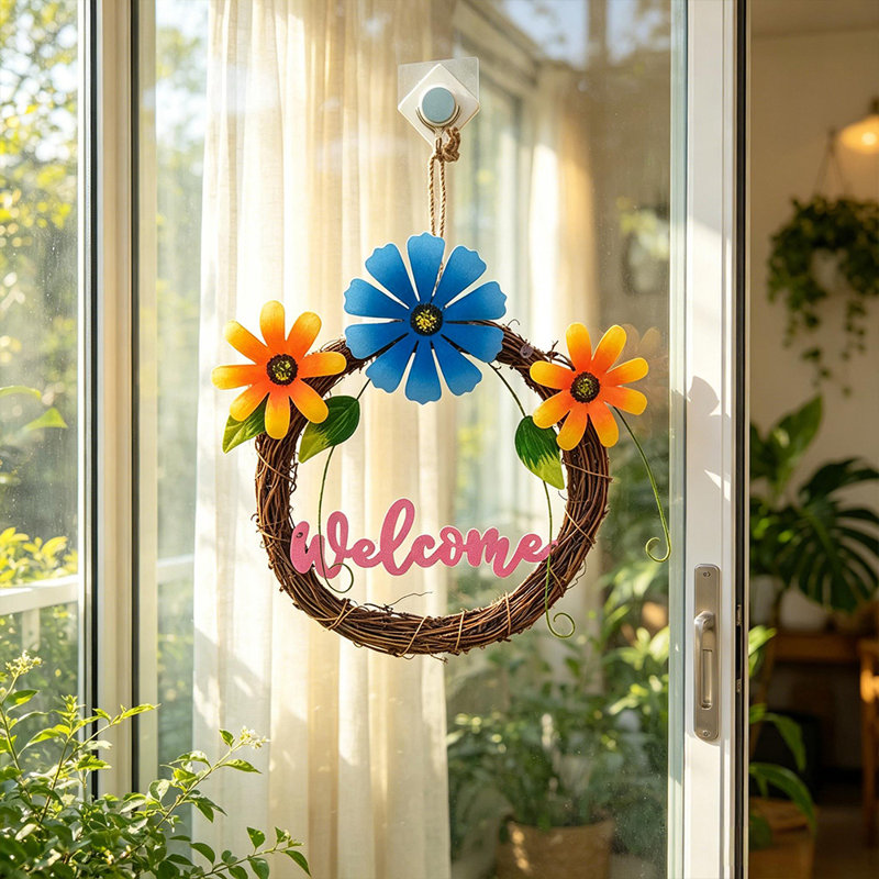 Couronne de fleurs, signe suspendu en rotin rustique avec marguerite bleue et orange