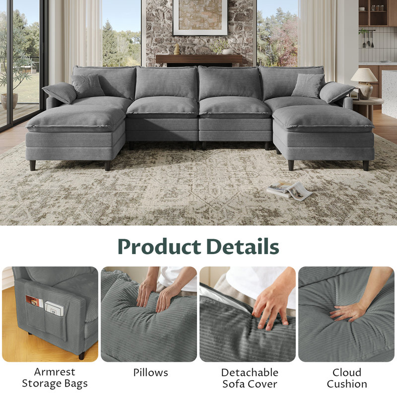 143.7'' Comfy  U Shaped Sectional Modular Deep Cloud 4-Piece Sofa with Two Ottoman- Premium Fabric, Gray