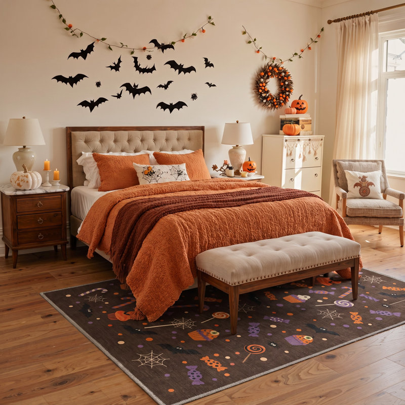 Tapis d'Halloween à motifs de bonbons et de chauves-souris, brun/orange, lavable à la machine, à poils courts, antidérapant