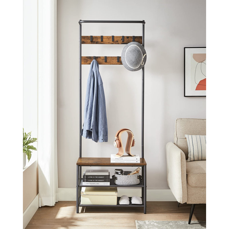 Arbre d'entrée avec banc et rangement pour chaussures, banc d'entrée avec porte-manteau et porte-chaussures, 9 crochets mobiles, barre supérieure, tablettes en tissu, brun rustique et noir