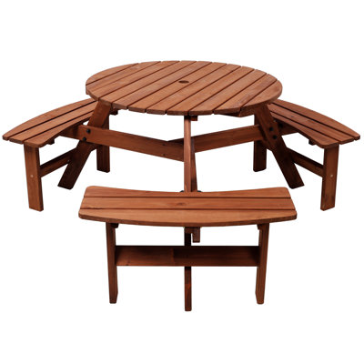 Wooden Picnic Table With 3 Built-In Benches,6 Person Kids Picnic Table, With Umbrella Hole,Camping Dining Table For Garden Patio Backyard