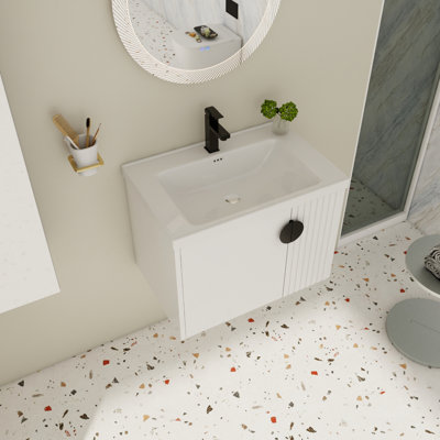 Bathroom Vanity Cabinet With 28 Inch Ceramic Basin - Wall Mounted, Small Bath, Soft Close Door 28" Sink Chic,